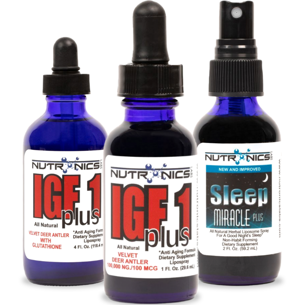 Three dark blue glass bottles are arranged in a group. The center bottle is labeled "IGF 1 plus" with a description indicating it contains velvet deer antler and glutathione. It has a dropper top and holds 1 fluid ounce. On the left, a slightly larger bottle also labeled "IGF 1 plus" has similar wording but indicates it contains a higher dosage of 100,000 NG/100 MCG and holds 4 fluid ounces. 