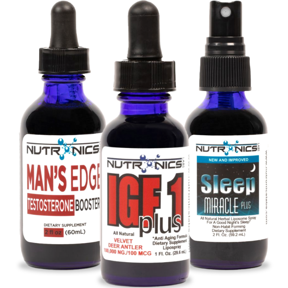 Three blue glass bottles of dietary supplements with dropper tops, arranged in a row. The left bottle has a white label with bold red text reading "MAN'S EDGE" and "TESTOSTERONE BOOSTER," indicating it is a 2 fluid ounce supplement. The center bottle bears a label with the text "IGF1 plus" in a combination of black and white, along with a description that includes "Anti Aging Formula" and details about velvet deer antler. It is a 1 fluid ounce supplement. 