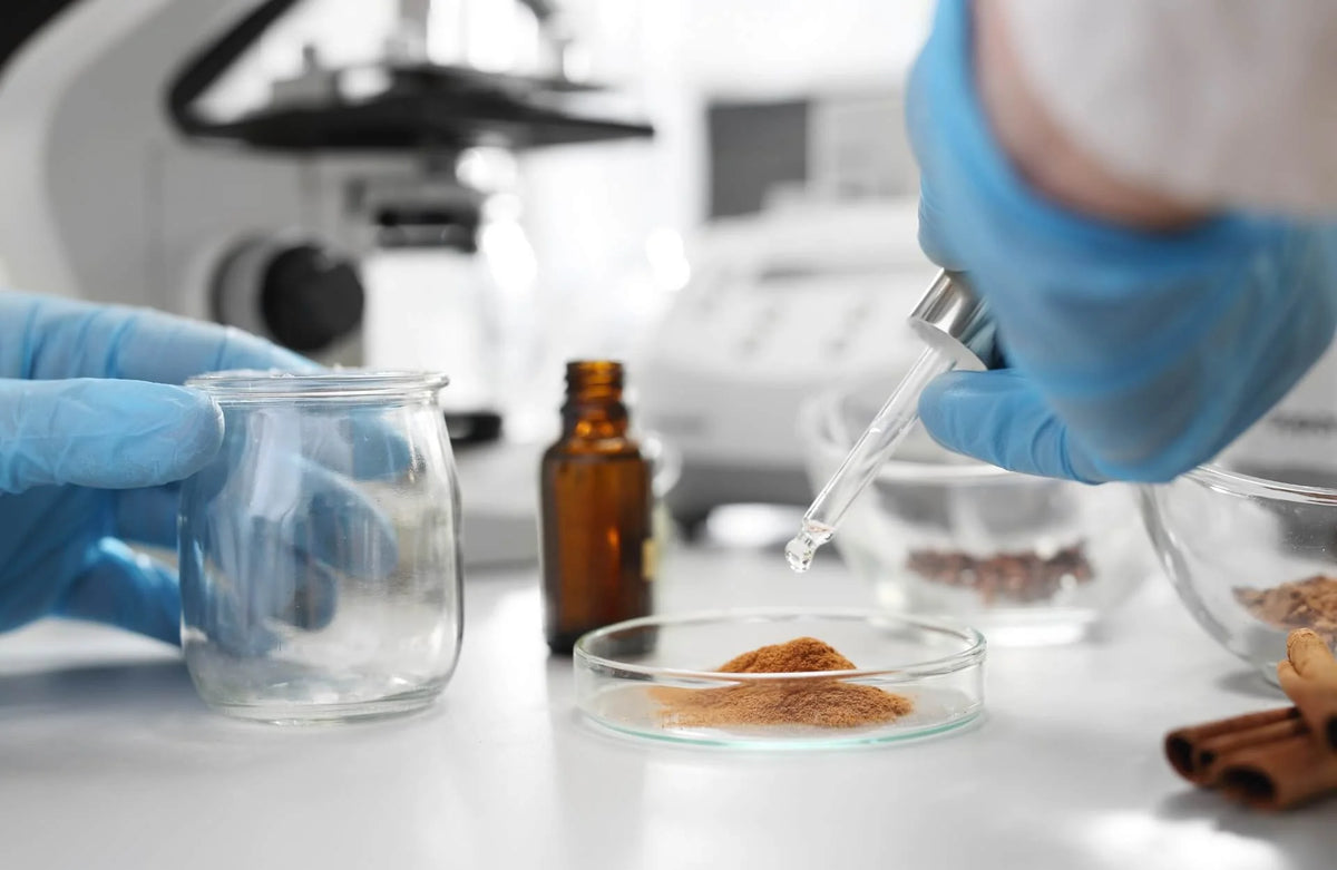 Gloved hands in a laboratory using a dropper to add liquid to a petri dish containing deer antler velvet powder, with a microscope and glassware in the background.