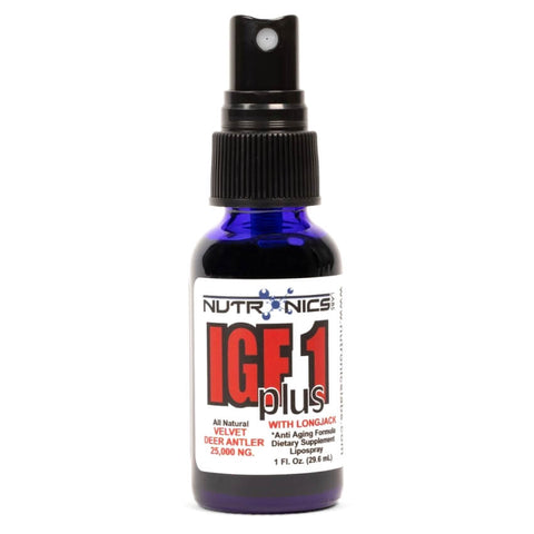 A small blue spray bottle with a black pump nozzle. The label on the bottle reads "NUTRONICS IGF1 plus" in bold red and black text. Below the main title, it mentions "All Natural Velvet Deer Antler 25,000 NG" and "with Longjack." The bottle is 1 fluid ounce in size and has a white background with various textual elements highlighting benefits and ingredients.