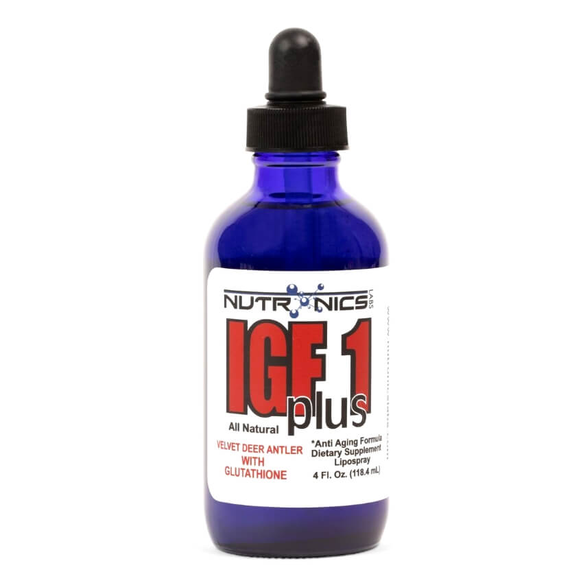 A blue glass bottle of Nutronics Labs IGF-1 Plus, labeled as an all-natural dietary supplement containing velvet deer antler with glutathione, an anti-aging formula. The bottle has a black dropper cap and contains 4 fluid ounces (118.4 mL) of the product.