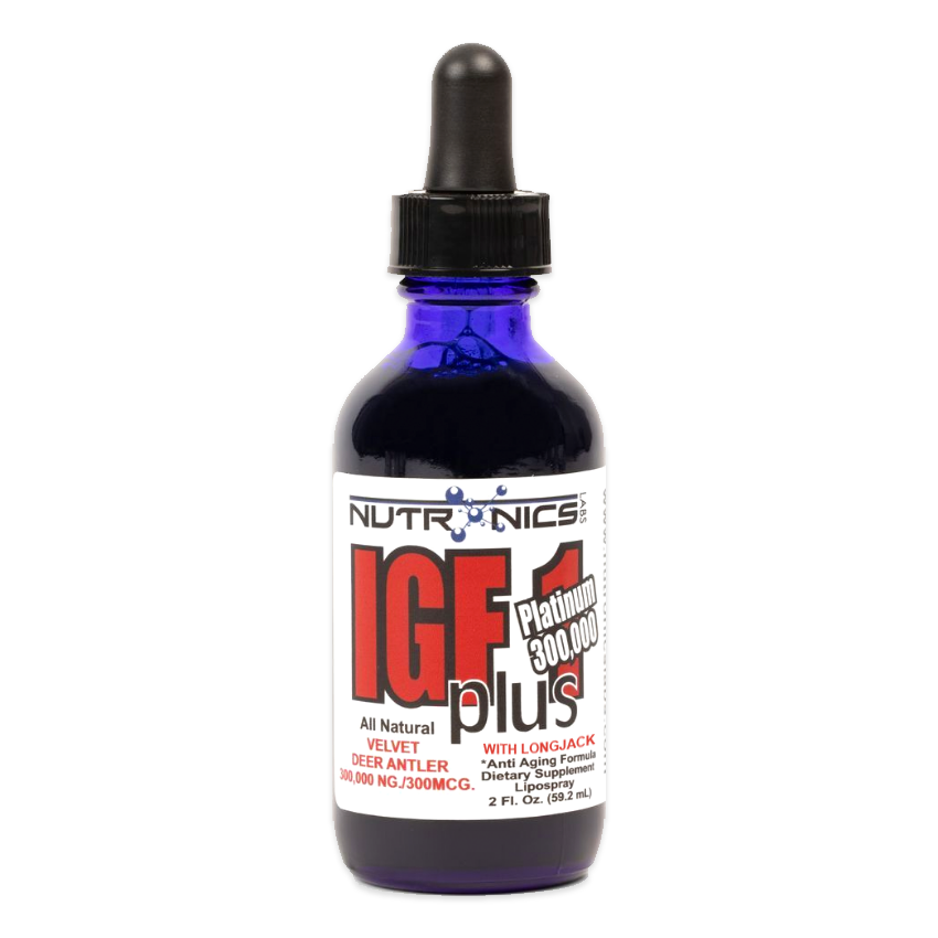 A blue glass dropper bottle with a black lid, labeled as "NUTRONICS IGF 1 Platinum 300,000 plus." The label features bold red and black text stating "All Natural Velvet Deer Antler 300,000 NG/300 MCG" and "With Longjack Anti Aging Formula Dietary Supplement Liposomal Spray." The bottle contains a dark liquid and is 2 fluid ounces in size.