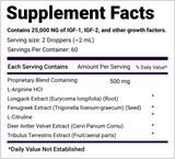 Supplement Facts for a dietary supplement, highlighting its ingredients and nutritional information. The title is bold and centered at the top. Below this, it states that the product contains 25,000 NG of IGF-1, IGF-2, and other growth factors. The serving size is noted as 2 droppers, approximately 2 mL, with 60 servings per container. 
