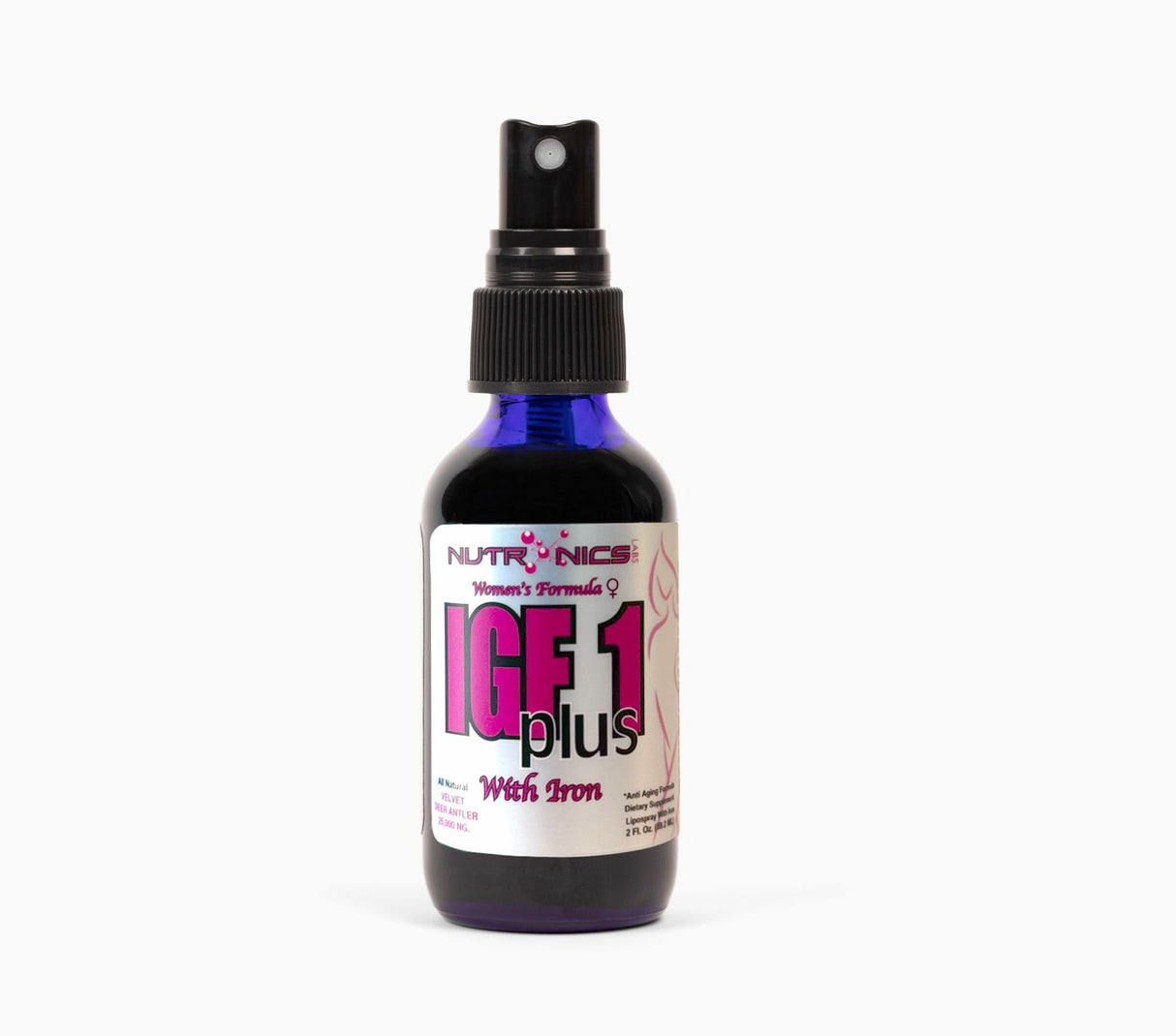 A small, dark blue spray bottle of nutritional supplement labeled IGF 1 plus with iron. The label features pink and white text that includes the brand name Nutronics, the product name, and additional information such as "Women's Formula" and dosage details. The bottle has a black spray nozzle on top. The background is plain white, highlighting the product.